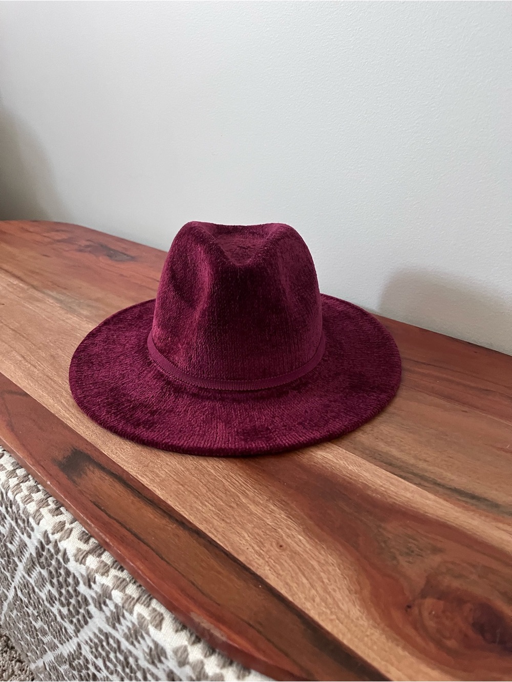 Burgundy Chenille Wide Brim Fedora Hat Wine Red Textured Adjustable Fall Winter